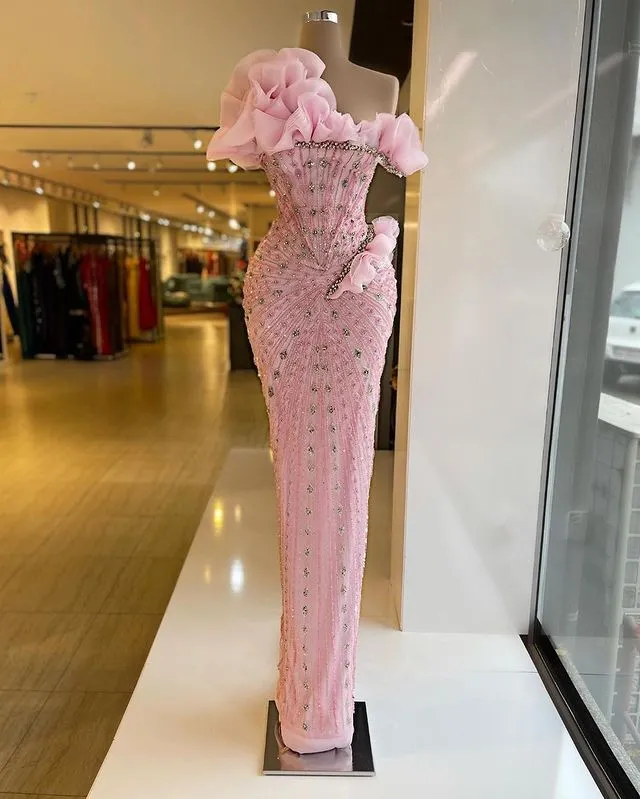 Sexy Sheath Strapless Pink Long Prom Dresses Evening Dress With Beads
