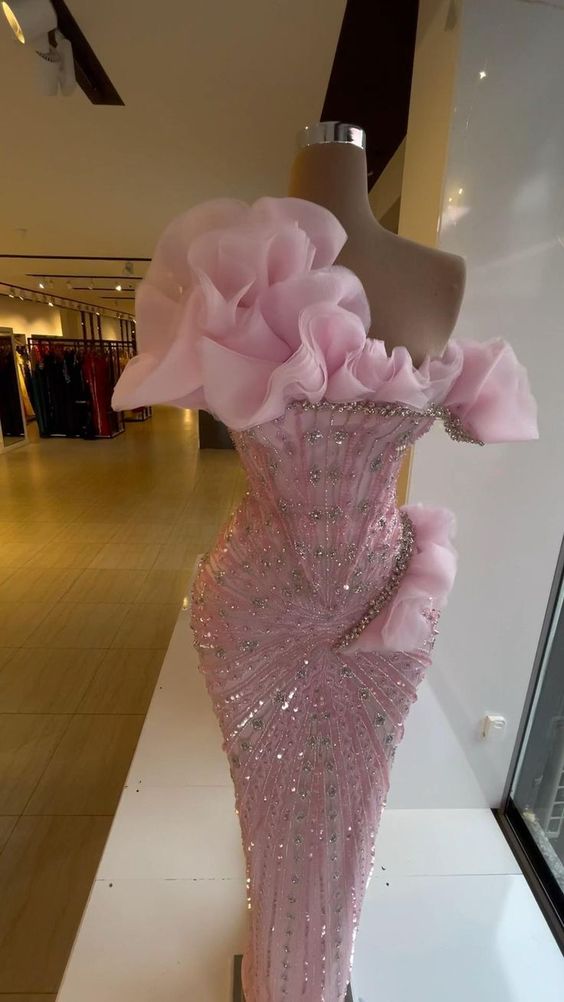Sexy Sheath Strapless Pink Long Prom Dresses Evening Dress With Beads Main image
