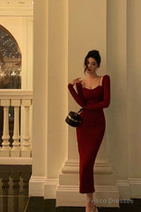 Sexy Sheath Straps Burgundy Long Sleeves Prom Dresses Birthday Outfits