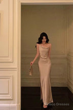 Sexy Sheath Straps Champagne Slit Prom Dresses Long Birthday Outfits