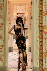 Sexy Sheath Straps Floral Chiffon Slit Long Prom Dresses Birthday Outfits