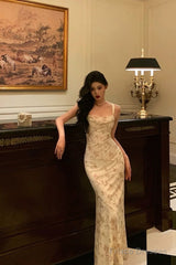 Sexy Sheath Straps Floral Satin Prom Dresses Birthday Outfits Evening Gown