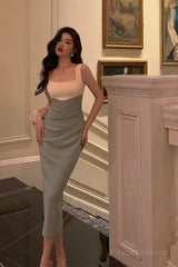 Sexy Sheath Straps Green Satin Prom Dresses Birthday Outfits Evening Gown