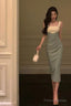 Sexy Sheath Straps Green Satin Prom Dresses Birthday Outfits Evening Gown