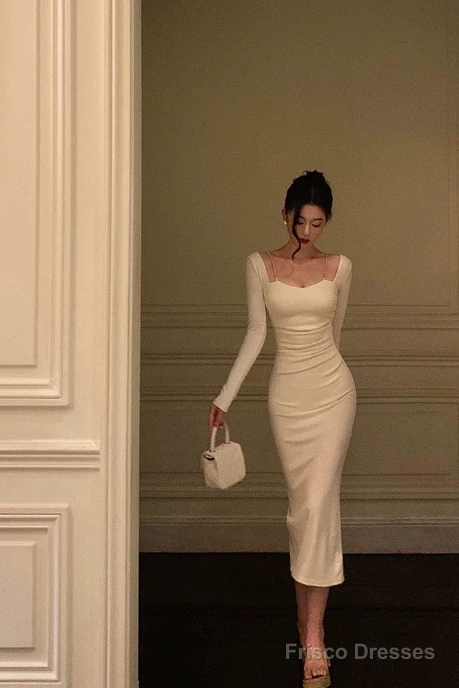 Sexy Sheath Straps Long Sleeves White Ankle Length Prom Dresses Birthday Dress Secondary image