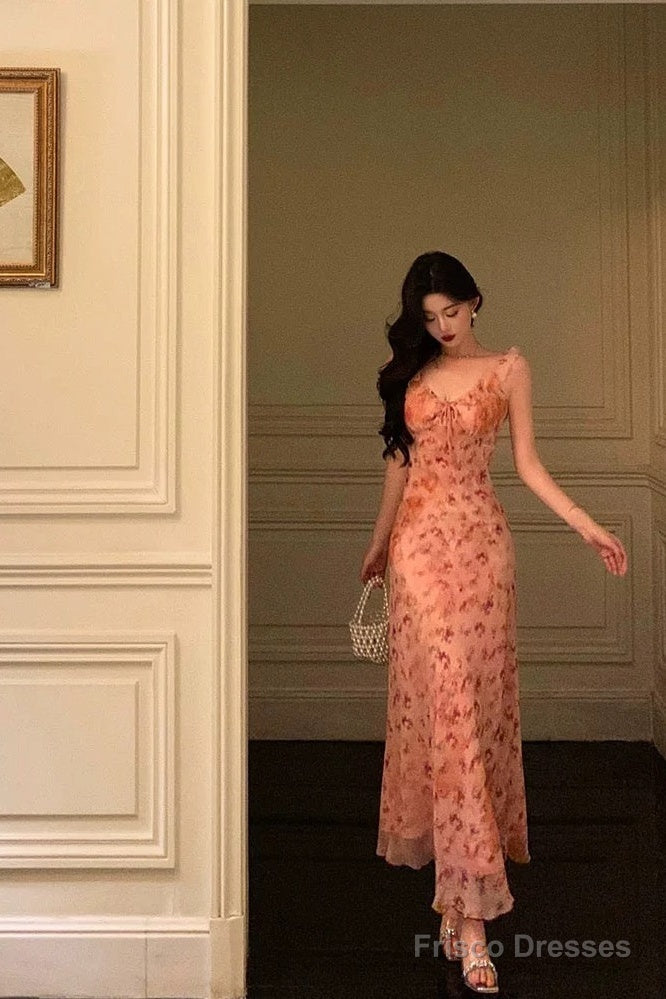 Sexy Sheath Straps Pink Floral Chiffon Ruffles Prom Dresses Birthday Outfits Evening Gown Main image