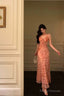 Sexy Sheath Straps Pink Floral Chiffon Ruffles Prom Dresses Birthday Outfits Evening Gown