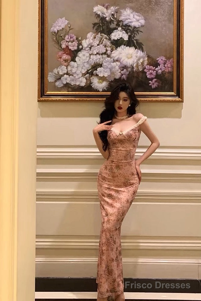 Sexy Sheath Straps Pink Floral Prom Dresses Long Birthday Outfits Evening Gown Main image