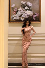 Sexy Sheath Straps Pink Floral Prom Dresses Long Birthday Outfits Evening Gown
