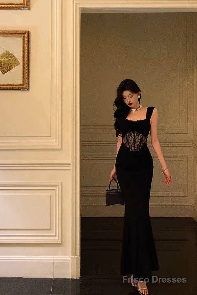 Sexy Sheath Straps Sleeveless Black Ankle Length Lace Prom Dresses Birthday Outfits