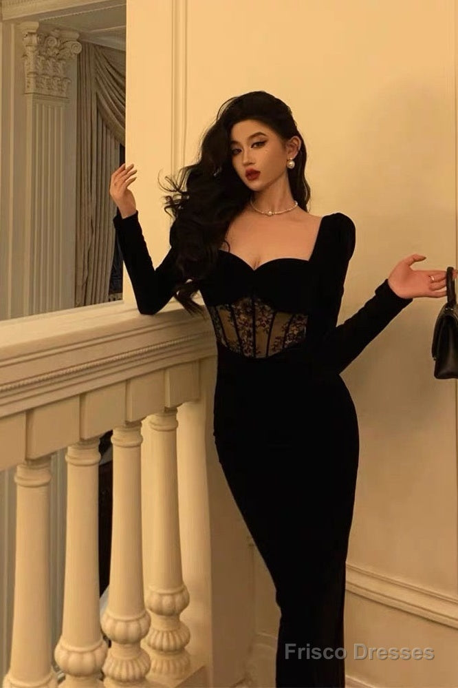Sexy Sheath Sweetheart Velvet Black Long Sleeves Prom Dresses Evening Dress