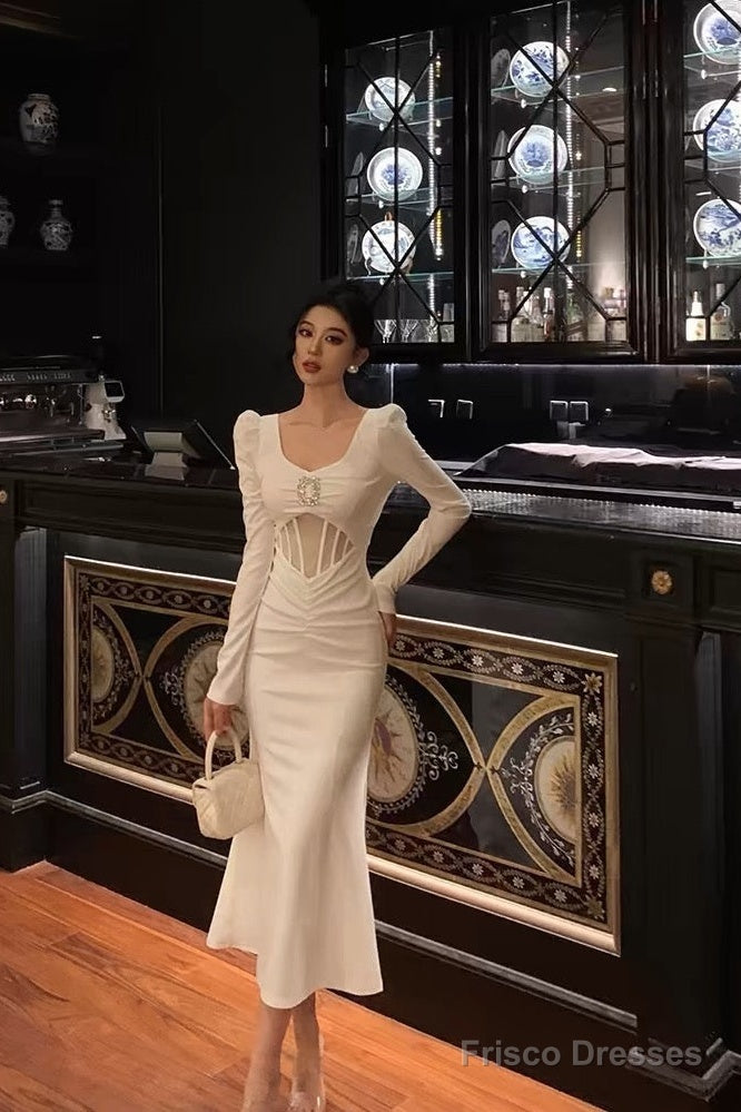 Sexy Sheath U Neckline White Long Sleeves Prom Dresses Birthday Dress