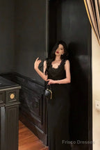 Sexy Sheath V Neckline Black Long Prom Dresses Birthday Outfits Evening Gown