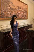 Sexy Sheath V Neckline Floral Blue Prom Dresses Birthday Outfits Evening Gown