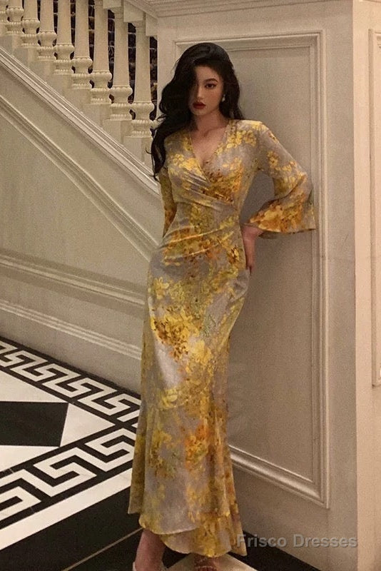 Sexy Sheath V Neckline Floral Yellow Slit Prom Dresses Birthday Outfit Frisco Dresses Sexy Sheath V Neckline Floral Yellow Slit Prom Dresses Birthday Outfit Frisco Dresses