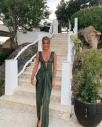 Sexy Sheath V Neckline Green Long Prom Dresses