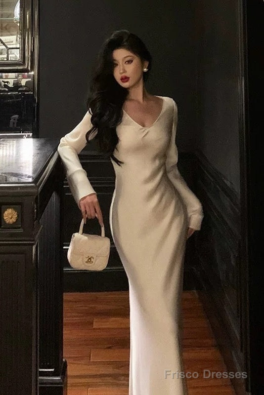 Sexy Sheath V Neckline Ivory Long Prom Dresses Birthday Outfits Evening Gown Secondary image