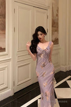 Sexy Sheath V Neckline Lilac Floral Satin Prom Dresses Birthday Outfits Evening Gown
