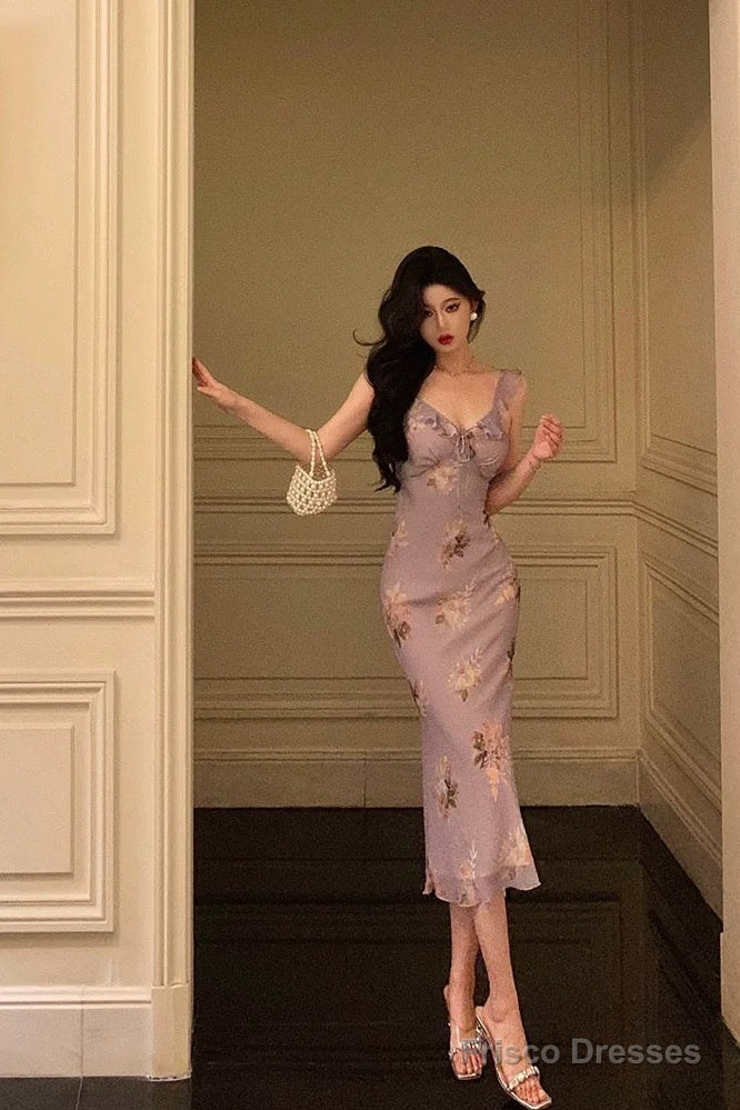 Sexy Sheath V Neckline Lilac Floral Satin Prom Dresses Birthday Outfits Evening Gown