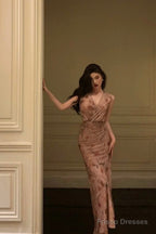 Sexy Sheath V Neckline Long Pink Floral Prom Dresses Birthday Outfits Evening Gown