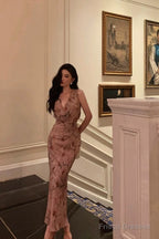 Sexy Sheath V Neckline Long Pink Floral Prom Dresses Birthday Outfits Evening Gown