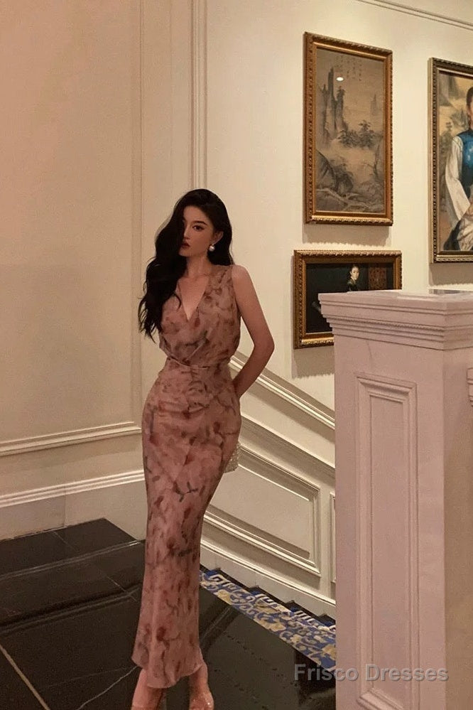 Sexy Sheath V Neckline Long Pink Floral Prom Dresses Birthday Outfits Evening Gown Main image