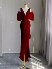 Sexy Sheath V Neckline Long Senior Red Prom Dress Formal Dress