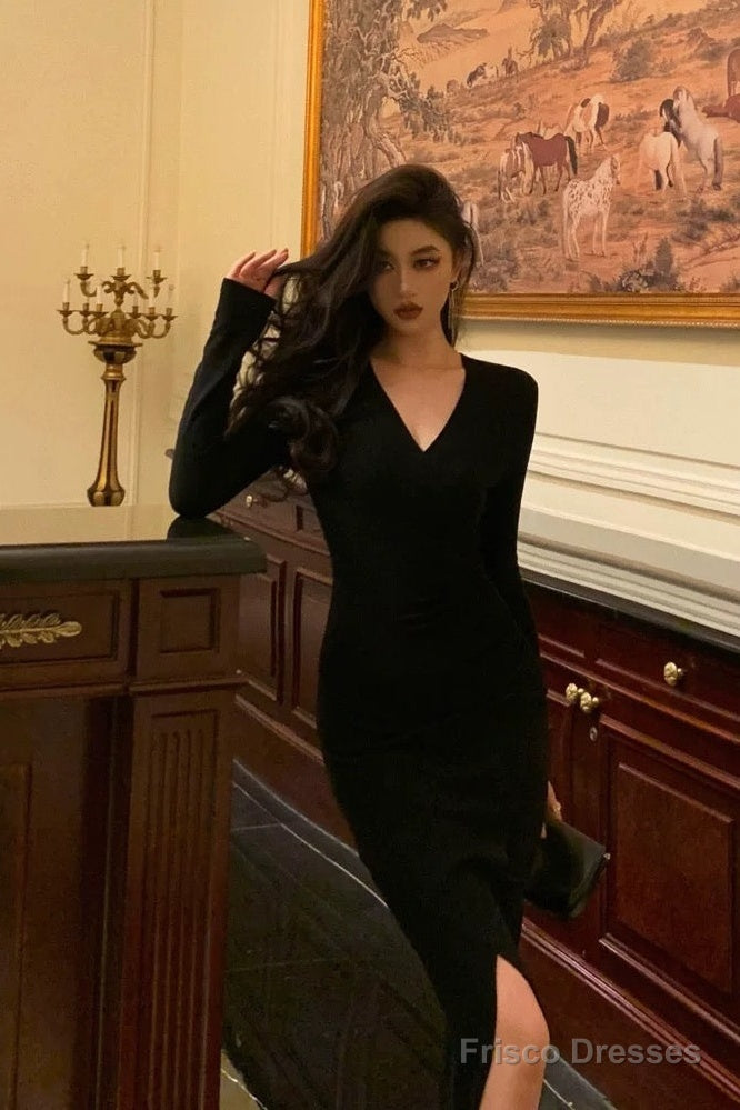 Sexy Sheath V Neckline Long Sleeves Black Slit Prom Dresses Birthday Outfits Secondary image