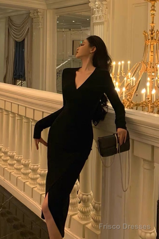 Sexy Sheath V Neckline Long Sleeves Black Slit Prom Dresses Birthday Outfits Main image