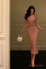 Sexy Sheath V Neckline Pink Pleated Prom Dresses Birthday Outfits Evening Gown