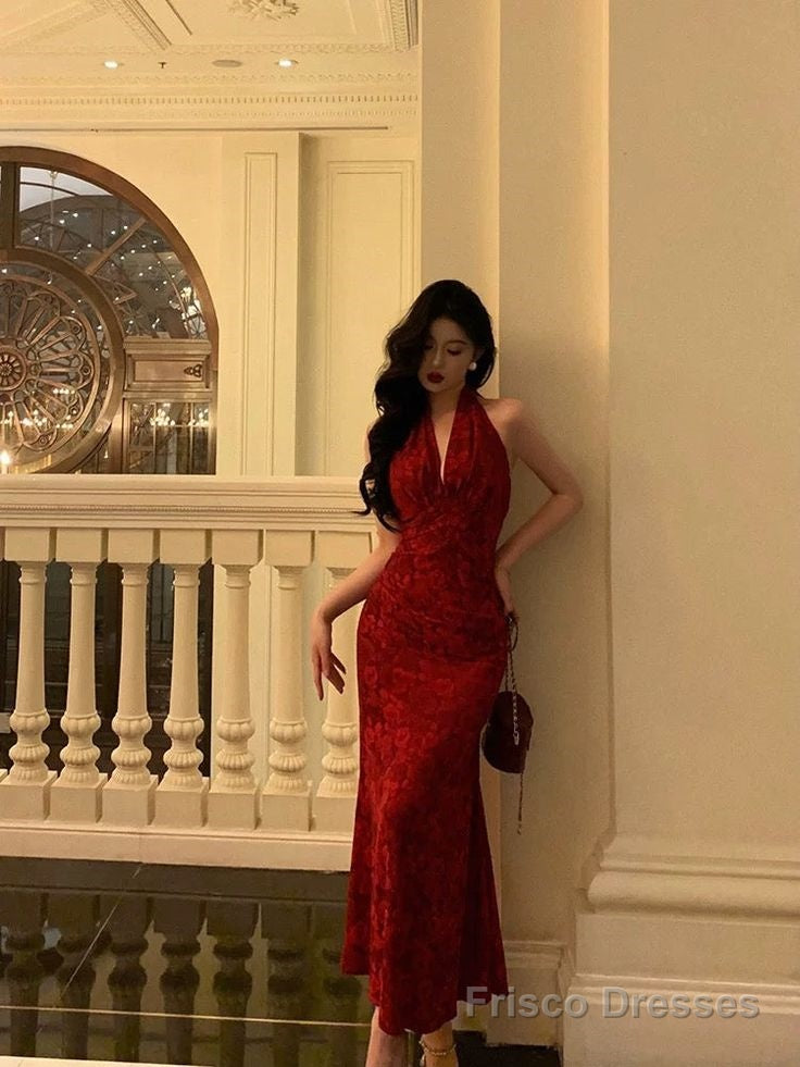 Sexy Sheath V Neckline Red Floral Ankle Length Prom Dresses Birthday Dress Main image