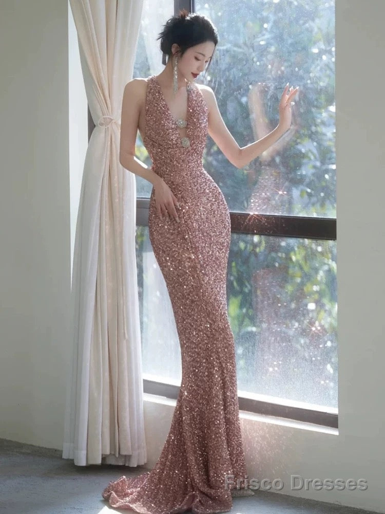 Sexy Sheath V Neckline Sequin Rose Pink Floor Length Evening Dress Prom Dresses Main image