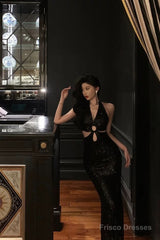 Sexy Sheath V Neckline Sleeveless Black Sequin Prom Dresses Birthday Outfits