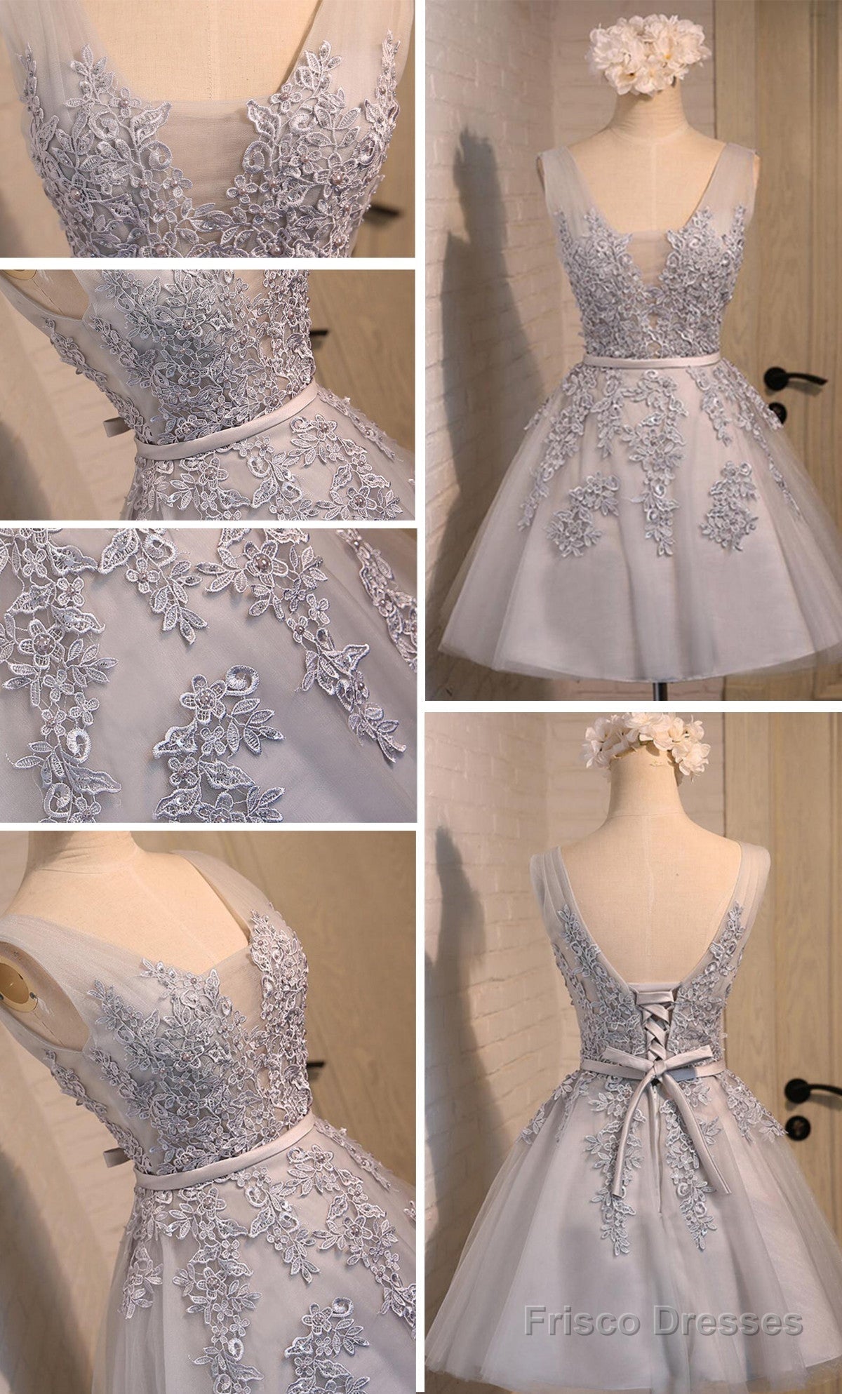 Sexy Short A-Line Deep V Neck V-Back Sleeveless Lace Up Back Organza Appliques Homecoming  Dress