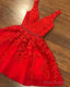 Sexy Short V-Neck Red Lace Prom Dresses Cheap Party Dress