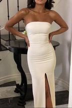 Sexy Side Slit Strapless Evening Party Dress, Simple Long Prom Dress