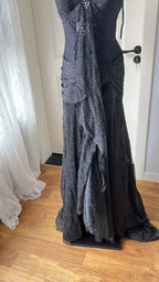 Sexy Silver-Black Mermaid Ruffled Deep V Halter Shimmering Long Prom Dress Evening Dress