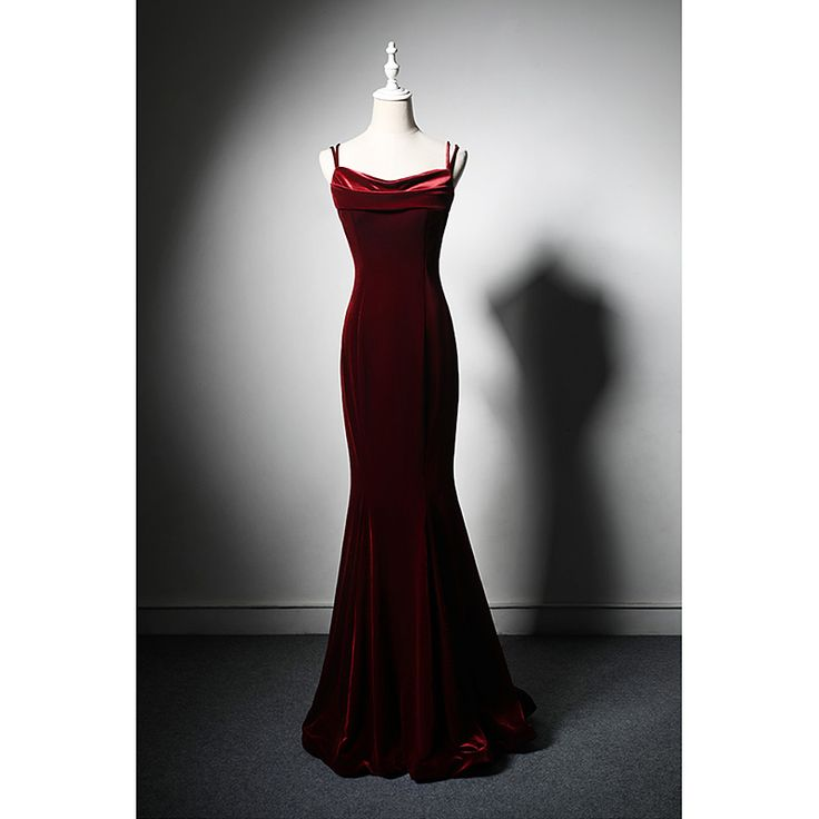 Elegant Burgundy Spaghetti Straps Velvet Mermaid Prom Dress Evening Dress Secondary image