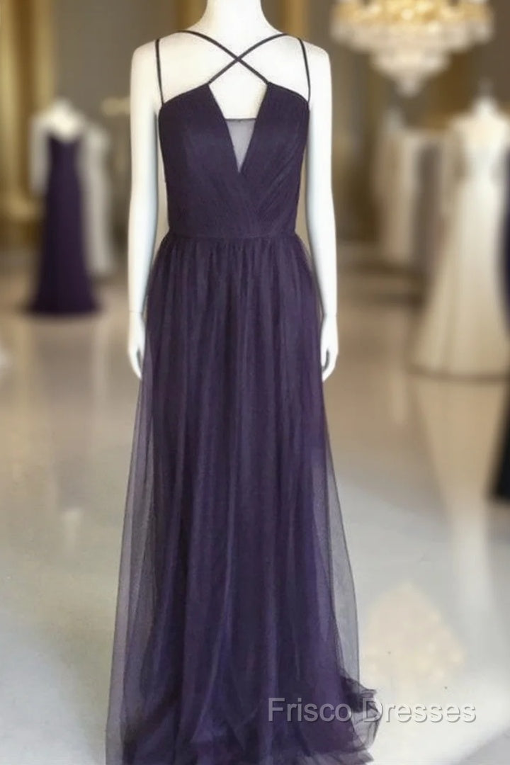 Sexy Spaghetti Straps Long Tulle Cross Back Bridesmaid Dress Main image