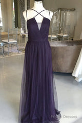 Sexy Spaghetti Straps Long Tulle Cross Back Bridesmaid Dresses
