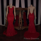 Sexy Spaghetti Straps Red Mermaid Prom Dress Sequins Chiffon Long