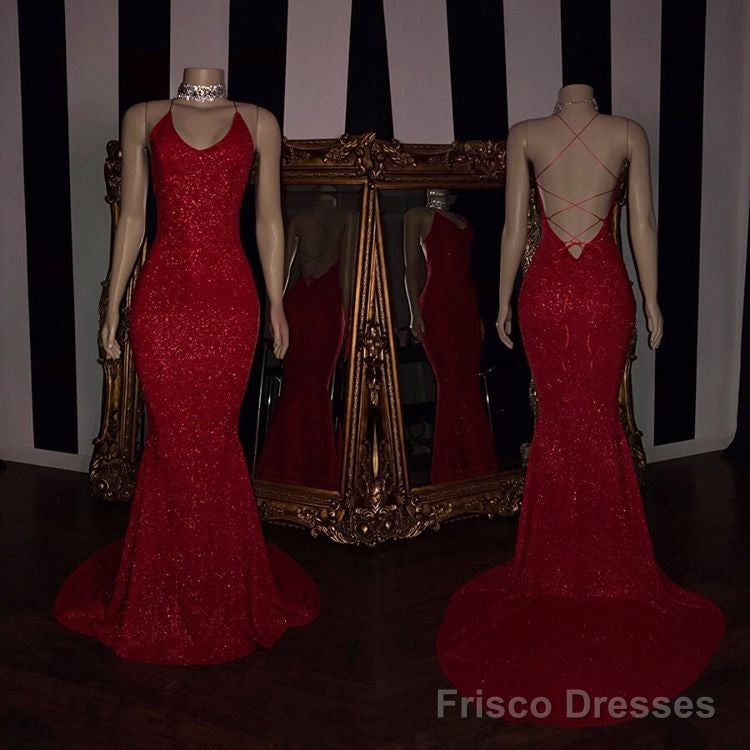 Sexy Spaghetti Straps Red Mermaid Prom Dress Sequins Chiffon Long