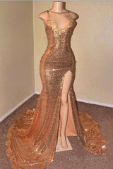 Sexy Spaghetti Straps V-Neck Mermaid Prom Dress Sequins Long Chiffon Gold With Split