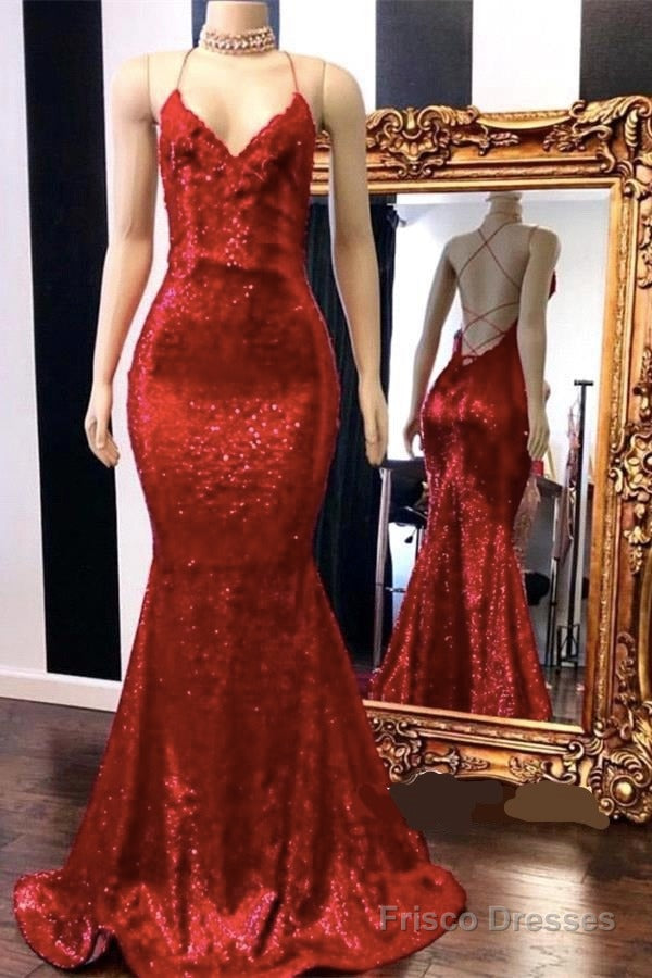 Sexy Spaghetti Straps V-Neck Mermaid Prom Dress Sequins Red Long Main image