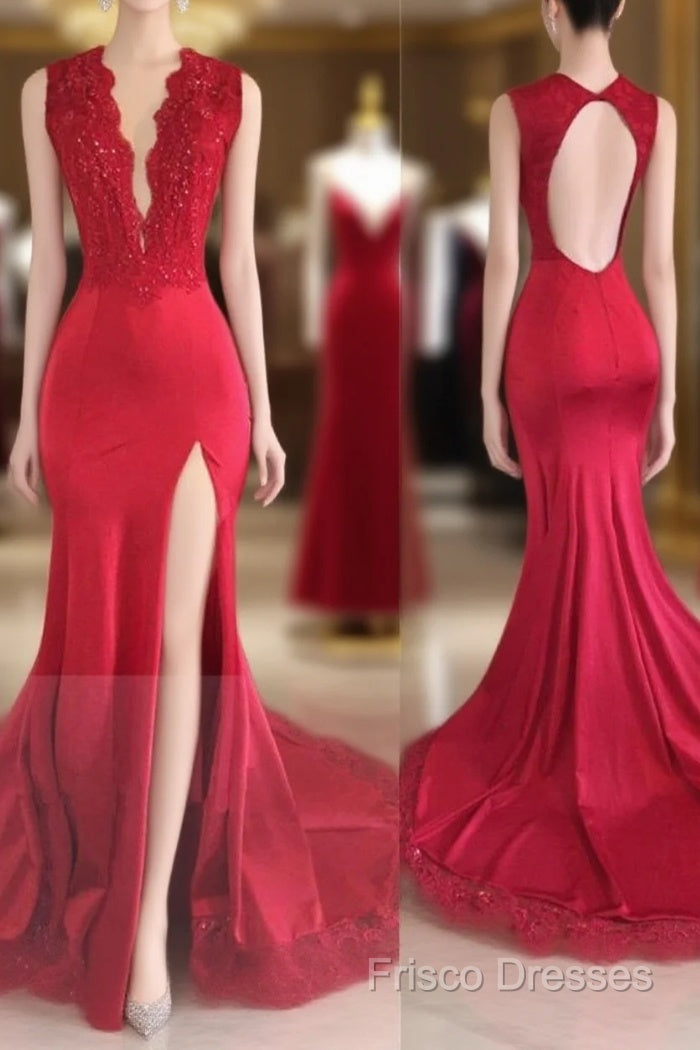 Sexy Split Backless V-Neck Lace Red Formal Prom Dress Main image