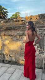 Red Backless Long Prom Dress With Ruffle