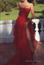 Sexy Strapless Layered Red Long Prom Dresses with High Slit,Formal Dresses,Dance Dress