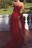 Sexy Strapless Layered Red Long Prom Dresses With High Slit,Formal Dresses,Dance Dress
