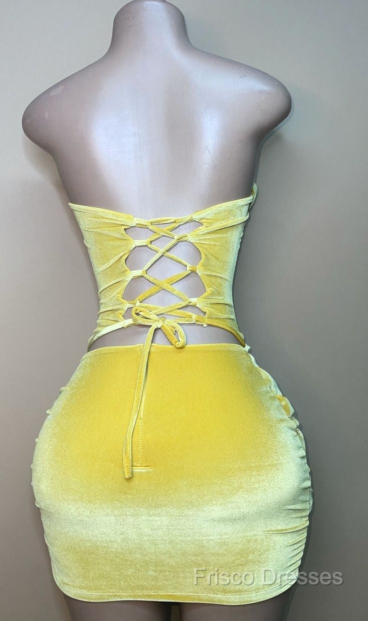 Sexy Strapless Yellow Velvet Formal Prom Dress ,Charming Homecoming Dress