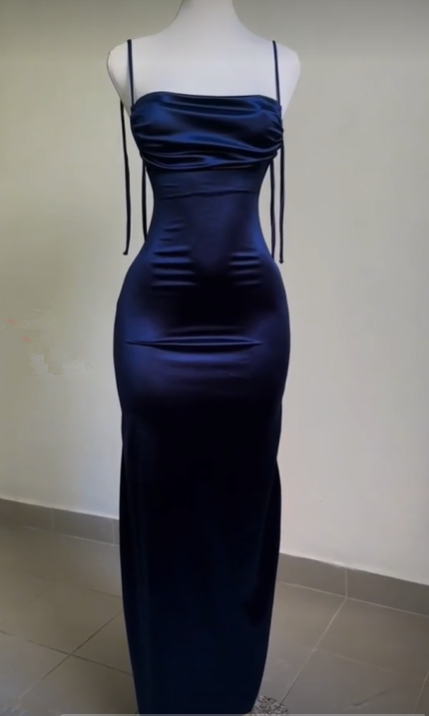 Sexy Sheath Spaghetti Straps Backless Navy Blue Satin Prom Dress Evening Dress Secondary image
